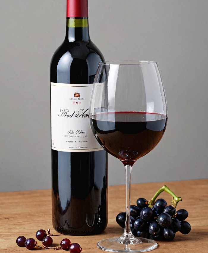 Bouteille de vin rouge avec verre et grappe de raisin illustrant l’impression d’étiquette de vin personnalisée